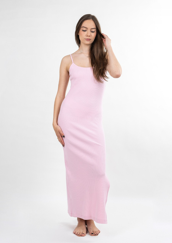 Dopasowana sukienka DK-K-P7 - jasny róż bawełna prążki - Dkaren