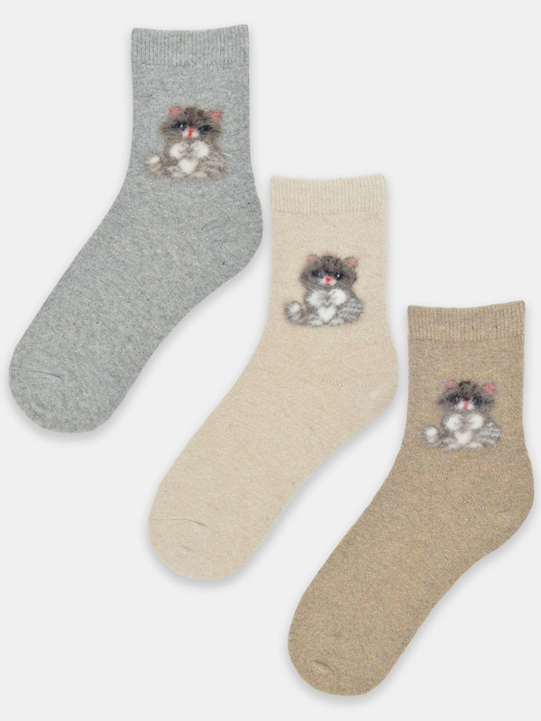 Ciepłe skarpety z prawdziwą wełną kot 3D- SW017 mix - Noviti