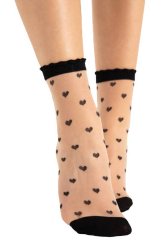 Cieliste skarpetki w czarne serduszka Fiore IRIS 20 den nude