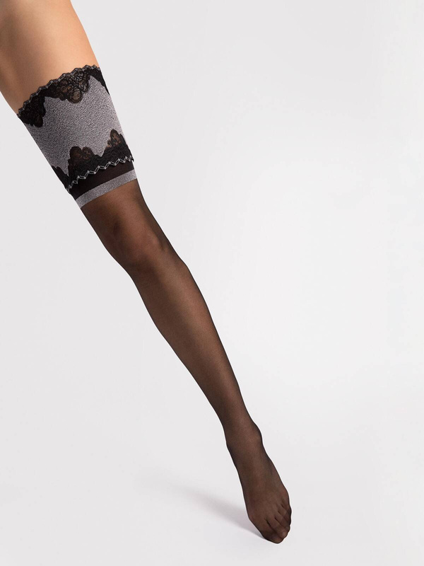 Czarno srebrne pończochy samonośne Fiore BELLE EPOQUE 20 DEN