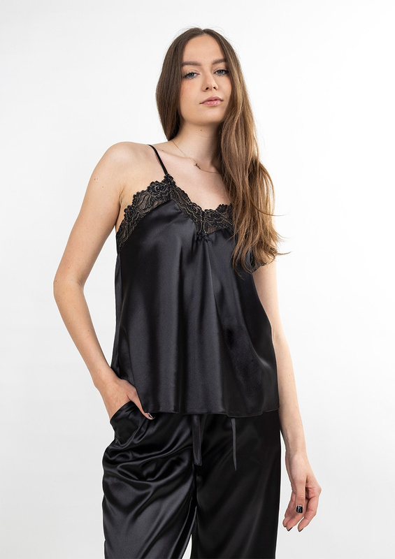 Satynowa piżamka, komplet Tila z koronką czarny Dkaren
