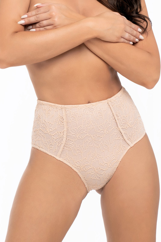 Beżowe figi z wysokim stanem Babell 2008 podszyte mieniącą się złotą nitką.