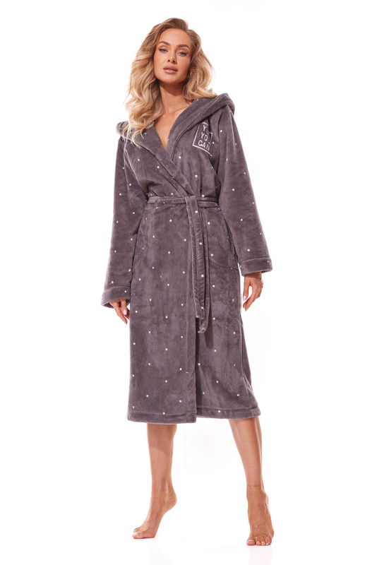 Długi szlafrok z kapturem L&L 2324 Cally onyx w białe kropki