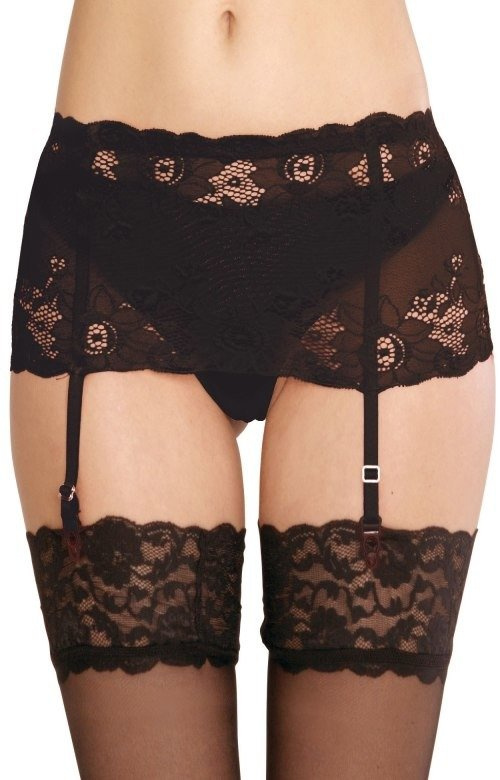 Ozdobny czarny pas do pończoch De Lafense 945 Babette z szeroką koronką S-4XL