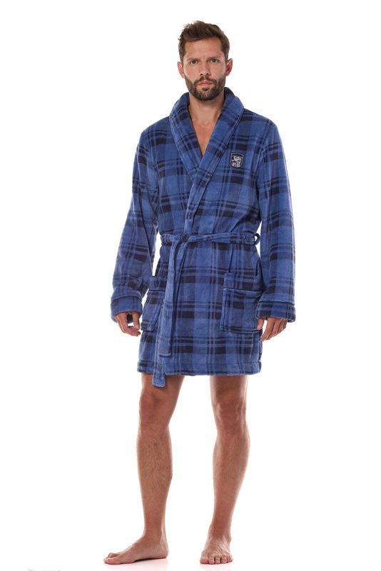 Krótki męski szlafrok w elegancką kratę L&L Hero 2456 BJ navy