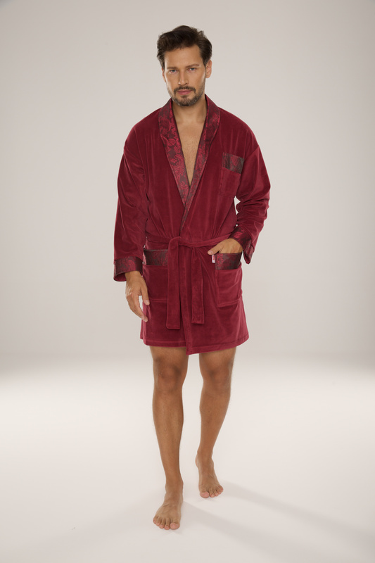 BAWEŁNIANY, elegancki szlafrok męski burgund De Lafense Noble- 866 z satynowym wykończeniem