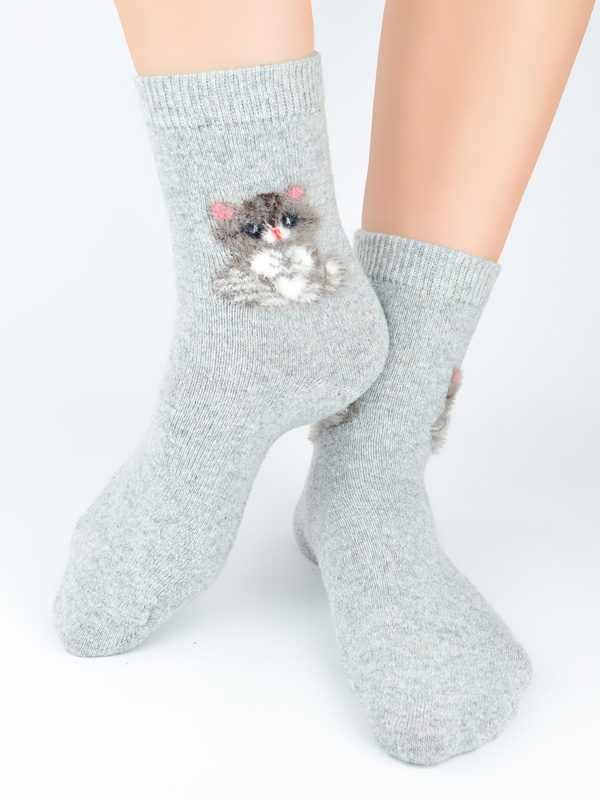 Ciepłe skarpety z prawdziwą wełną kot 3D- SW017 mix - Noviti