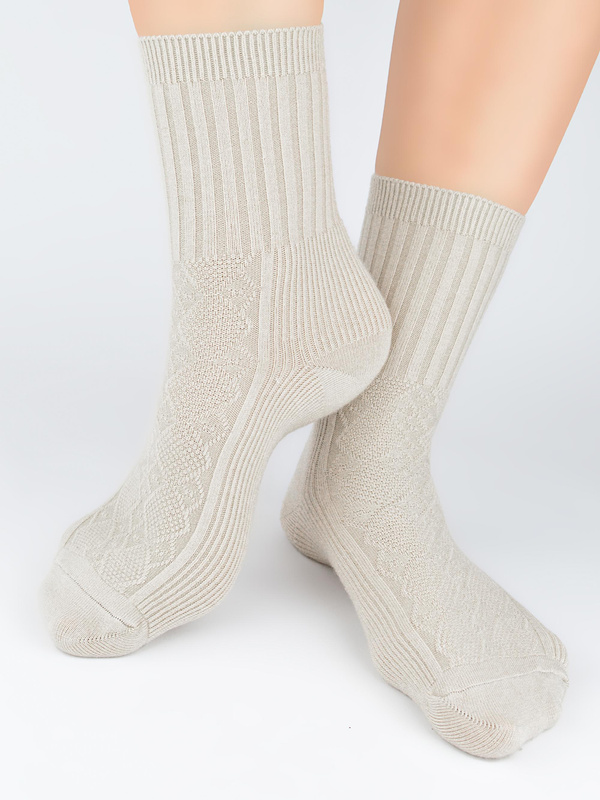Skarpety damskie z wełną w prążek SB142 beżowe - Noviti