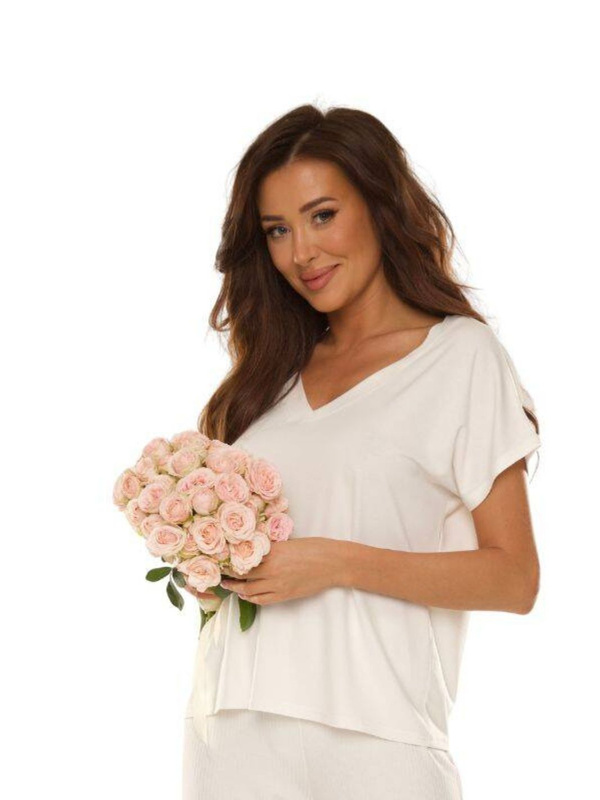 Luźna bluzka damska z dekoltem V De Lafense Vendy 774 w kolorze ecru