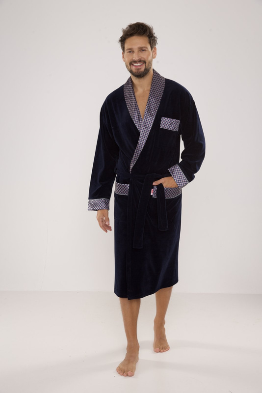 Welurowy długi szlafrok męski De Lafense z satynowym obłożeniem - 773 granatowy