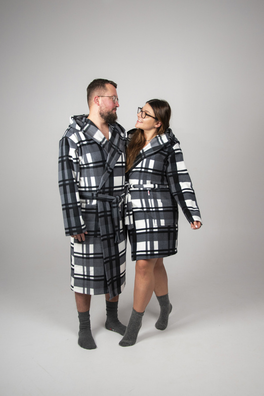 Cieplusi szlafrok z kapturem De Lafense 031 SZARA KRATA