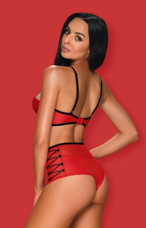 Czerwony "skórzany" biustonosz Leatheria - komplet 2-częściowy z figami