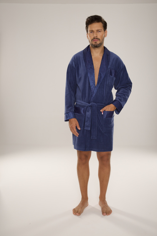 BAWEŁNIANY, elegancki szlafrok męski Noble De Lafense - 866 z satynowym wykończeniem