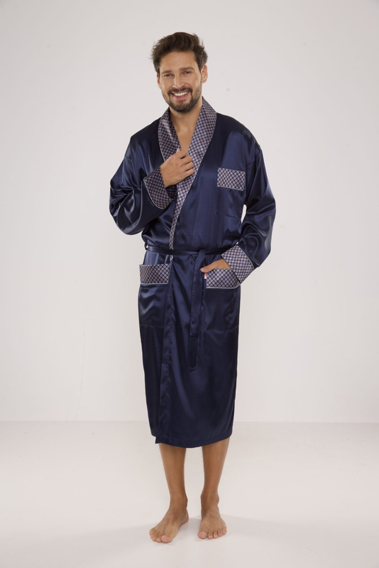 Granatowy satynowy szlafrok męski De Lafense - 940