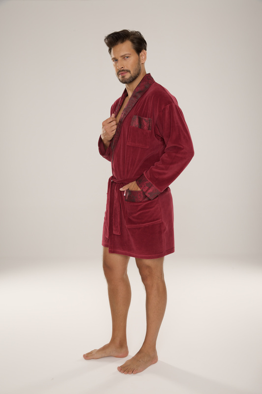 BAWEŁNIANY, elegancki szlafrok męski burgund De Lafense Noble- 866 z satynowym wykończeniem