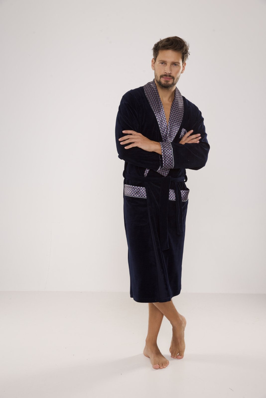 Welurowy długi szlafrok męski De Lafense z satynowym obłożeniem - 773 granatowy