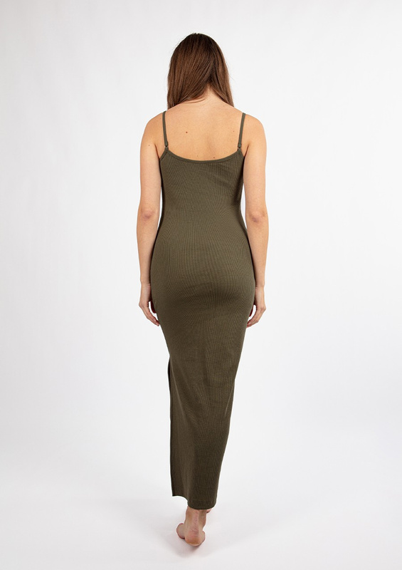 Dopasowana sukienka DK-K-P7 - khaki bawełna prążki  - Dkaren