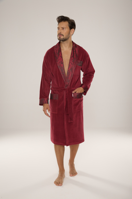 Bawełniany długi szlafrok męski Noble De Lafense z satynowym obłożeniem - 868 burgund