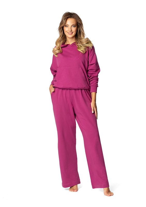 Komplet sportowy bluza z kapturem i "kangurką" oraz szerokie spodnie Dk-k-b8 - bordo bawełna - Dkaren