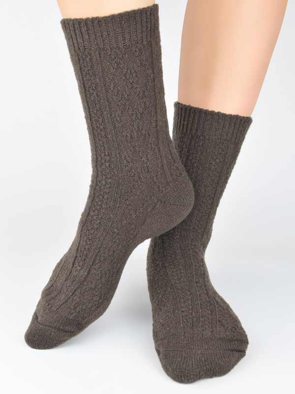 Słodkie skarpety damskie romby, ala sweterek z prawdziwą wełną SB135 brąz - Noviti