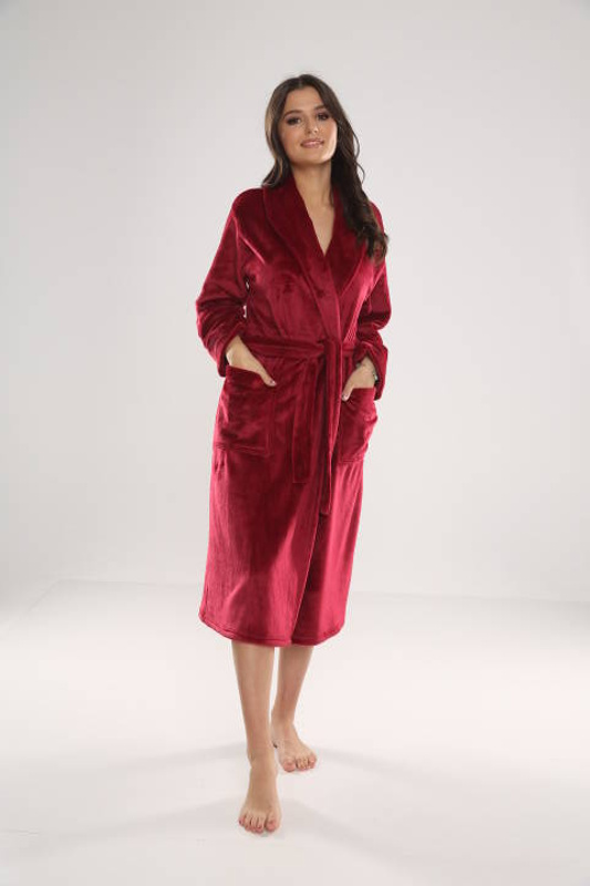 Ciepły długi wiązany szlafrok Abigail De Lafense 628 BORDOWY