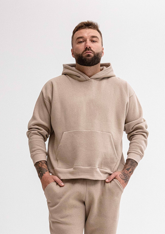 Sportowa bluza męska z kapturem DK-K-B14 męska - cappuccino bawełna gruba - Dkaren