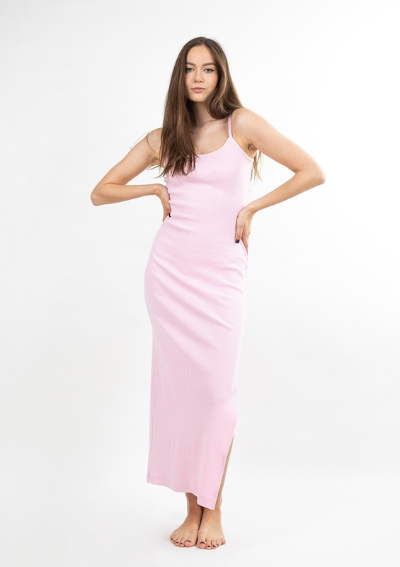 Dopasowana sukienka DK-K-P7 - jasny róż bawełna prążki - Dkaren