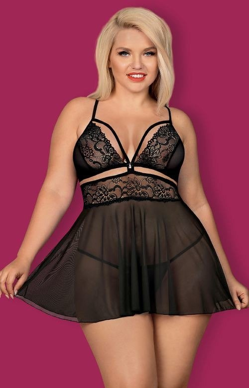 Czarny koronkowy komplet damski luźna koszulka ze stringami Obsessive 838-BAB-1