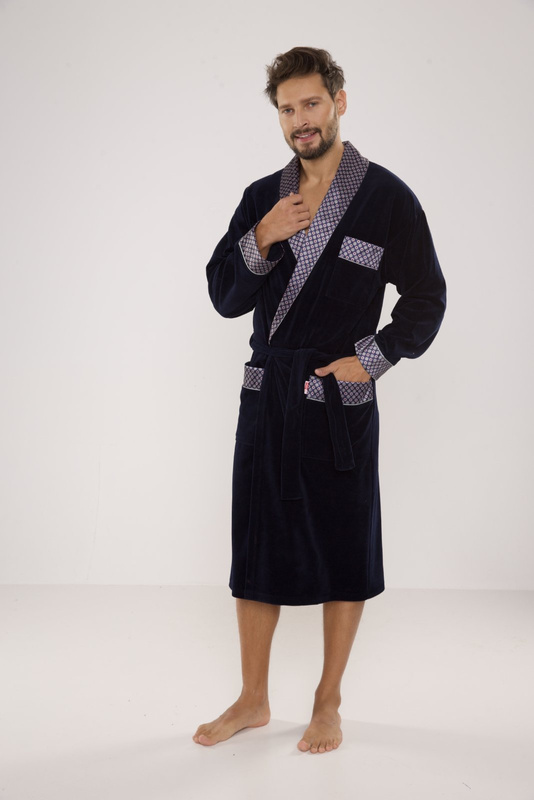 Welurowy długi szlafrok męski De Lafense z satynowym obłożeniem - 773 granatowy