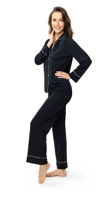 Czarna rozpinana piżama damska Mewa Elitte 6562 z jedwabiu Vistex