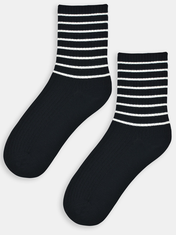 Skarpety damskie z wełną w paski SB140 czarne - Noviti