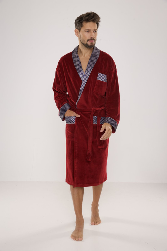 Welurowy długi szlafrok męski De Lafense z satynowym obłożeniem - 773 bordowy