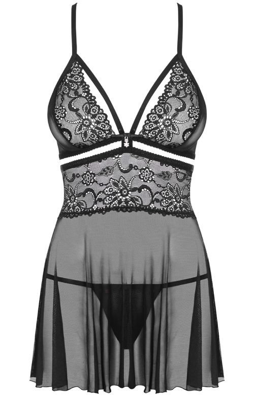 Czarny koronkowy komplet damski luźna koszulka ze stringami Obsessive 838-BAB-1