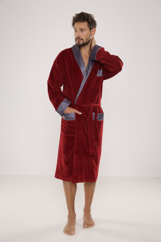 Welurowy długi szlafrok męski De Lafense z satynowym obłożeniem - 773 bordowy