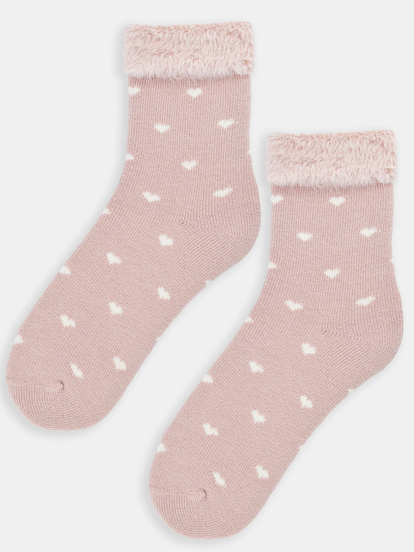 Słodkie skarpetki damskie w serca z prawdziwą wełną SB137 pudrowy róż - Noviti