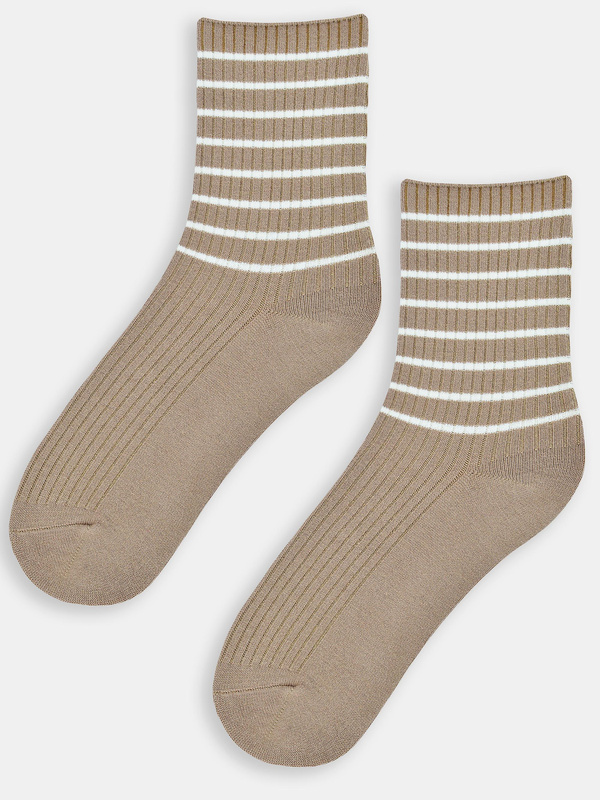 Skarpety damskie z wełną w paski SB140 beżowe - Noviti