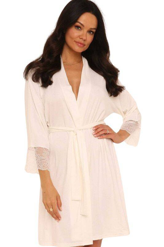 Elegancki krótki szlafrok ecru De Lafense Fanny 342 S-2XL