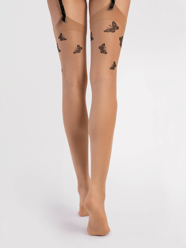 Czarne pończochy do paska ze wzorkiem motyla Fiore FARFALLE