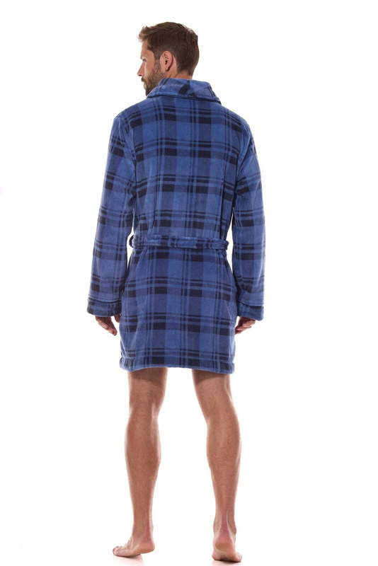 Krótki męski szlafrok w elegancką kratę L&L Hero 2456 BJ navy