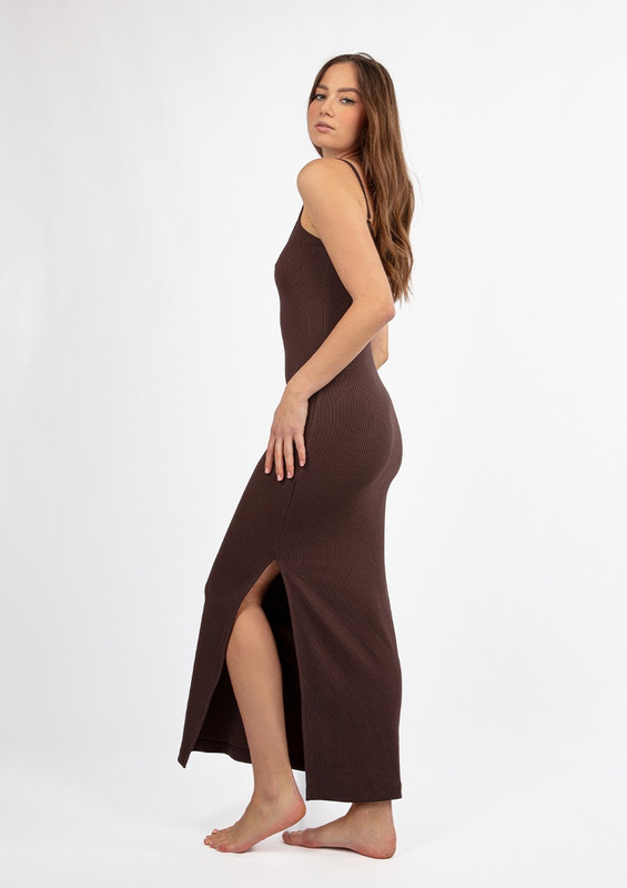 Dopasowana sukienka DK-K-P7 - czekolada bawełna prążki  - Dkaren